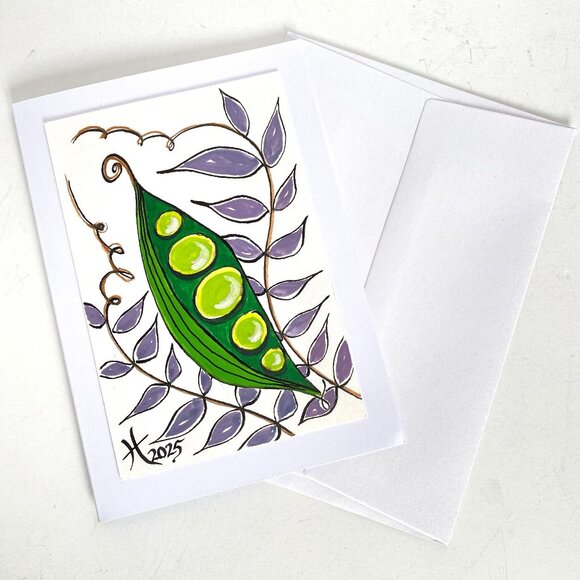 Peas in a Pod Original Watercolor Art Painting Handmade Greeting Card Envelope - Picture 5 of 5